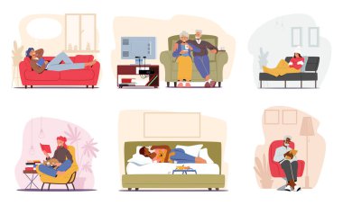 Koltuklarındaki erkek ve kadın karakterler dizisi. Yaşlılar ve Gençler Kitap ve Rüya Okuyor, Hasta Kadın Donuyor, Üst Düzeyde Televizyon İzleyen Üst Düzey Çift, Çizgi Film Vektörü Resimleri