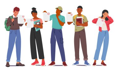 Cesaretsiz Öğrenci Karakterleri C ve F test puanlarını gösteriyor, Hayal kırıklığından hayal kırıklıklarına, akademik zorlukları vurgulayan duyguların bir spektrumunu yansıtıyor. Çizgi film Vektör İllüstrasyonu