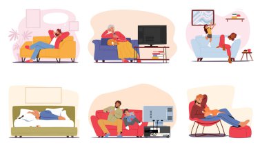 Koltuklarındaki erkek ve kadın karakterler dizisi. İnsanlar Rüya Görür, TV İzler, Video Oyunları Oynar, Evde Evcil Hayvan, Uyuyan veya Depresyon Sıkıntısı İçin Rahatlar. Çizgi film Vektör İllüstrasyonu