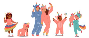 Sevimli Çocuk Karakterleri Don Tekboynuz temalı Üniformalar ve Kigurumi pijamaları neşe ve hayal gücü ile dolu sihirli bir maceraya dönüşüyor. Çizgi film İnsanları Vektör İllüstrasyonu