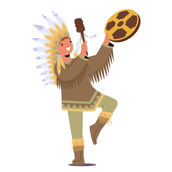 ネイティブアメリカンシャーマンキッドキャラクターは 部族のシンボルで活気に満ちたフリンジバックスキンアウトフィットを着用し タンボリンを保持し 麻酔のリズムと伝統を取り入れています ベクター イラスト — ストックベクタ