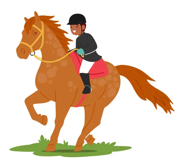 Child Joyfully Rides Gentle Horse Small Hands Gripping Reins Excitement — Stock Vector