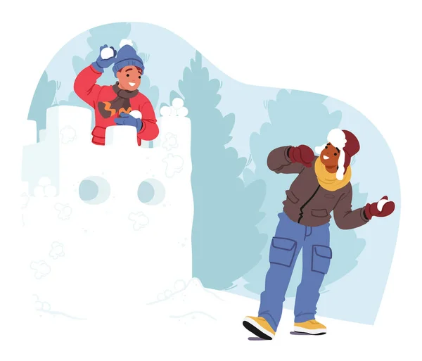Giggling Kids Betrokken Bij Epische Sneeuwballengevechten Crafting Snowy Fort Met — Stockvector