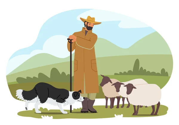 Shepherd Diligent Guardian Tends Flock Unwavering Dedication His Loyal Dog — Stock Vector