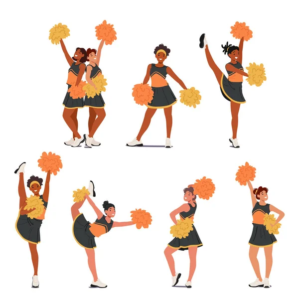 Energetic Cheerleader Characters Uniform Wield Pompoms Radiating Contagious Enthusiasm Epitomize — Stock Vector