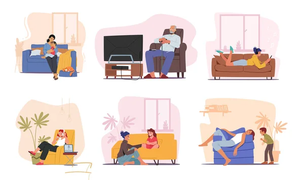 Männliche Und Weibliche Charaktere Auf Ihren Sofas Die Menschen Ruhen — Stockvektor