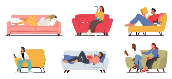 Männliche Und Weibliche Charaktere Auf Ihren Sofas Menschen Lesen Und — Stockvektor