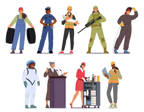 Female Character Professions Women Garage Mechanic Police Officer Architect Contractor — Stock Vector
