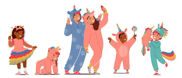 Schattige Kids Personages Don Whimsical Unicorn Thema Outfits Kigurumi Pyjama — Stockvector