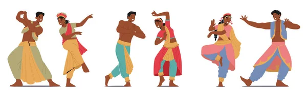 インドの男性ダンサーは 無電気フットワークで強力な動きを示していますが 女性ダンサーはグレースと表現力のあるハンドジェスチャーを披露しながら どちらも豊かな文化的伝統的なインド舞踊形式を体現しています — ストックベクタ