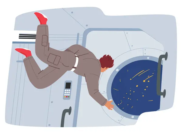 Weightless Astronaut Floats Gracefully Spaceship Gazing Window Awe Inspiring Vastness — Stock Vector