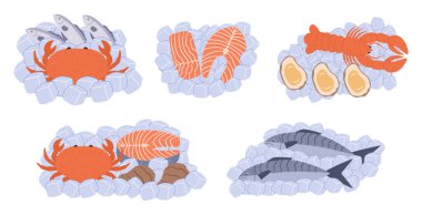 Işıl ışıl buz yatağında taze deniz ürünleri. Okyanus Yaratıkları, Somon, Yengeç, İstiridye, Ton Balığı ve Istakoz. Işıl ışıl pullar ve kabuklar tuzlu derinliklerden bir tat vaat ediyor, vektör seti.