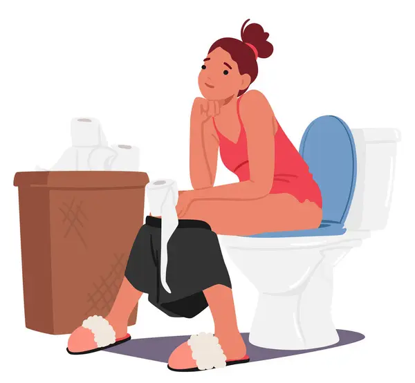 Female Character Poop Daily Hygiene Routine Woman Sits Toilet Serene — Stock Vector