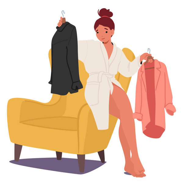 Woman Character Carefully Selects Her Attire In The Comfort Of Her Home, Reflecting Personal Style And Mood, Creating A Unique Expression Of Self Through Chosen Garments. Cartoon Vector Illustration