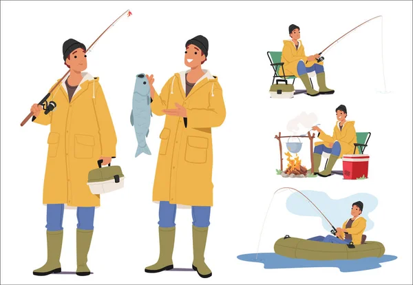 ヤングフィッシャーマンキャラクターは ロッド タックルボックス クッキングフィッシュスープ 湖上の乗馬ゴムボートを保持する黄色いレインコートを着用します 釣りホビーの概念 ベクター イラスト — ストックベクタ