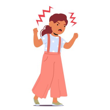 Öfkeli Çocuk Kız, Öfkeden yüzü buruşmuş, Kulak delici çığlıklar atıyor, Yumrukları sıkılmış. Tumultuous 'da dizginlenemeyen Duygu Yankıları, Vehement Patlamaları. Çizgi film İnsanları Vektör İllüstrasyonu