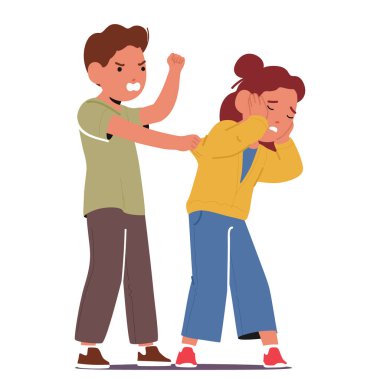 Öfkeli Oğlan ve Kız Hararetli Tartışma, Fiziksel Tartışmaya Yükselme. Sert sözlerin agresif eylemlere dönüşmesi, şiddetli bir kavgaya yol açmasıyla sinirler alevleniyor. Çizgi film Vektör İllüstrasyonu