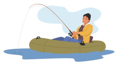 Uçsuz bucaksız gökyüzünün altında yakalama umuduyla balıkçı karakteri Dalgalanan Sular 'ın ortasında balıkçı teknesinde olta atan balıkçı, bir oltayla sükunet arıyor. Çizgi film İnsanları Vektör İllüstrasyonu