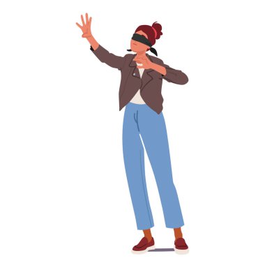 Gözleri Bağlı Kadın Tereddüt Eden Elleri Uzattı Karanlıkta Bağlantı Aradı. Etrafını saran görünmeyen dünyayı gezmek için dokunmaya güvenen kadın karakter. Çizgi film İnsanları Vektör İllüstrasyonu