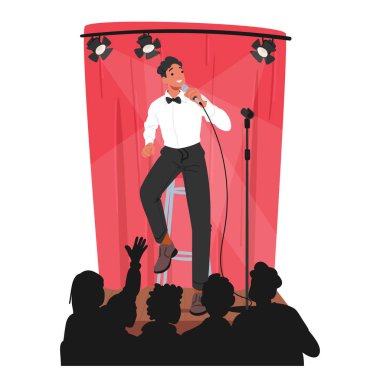 Espri ve nükteli Erkek Sanatçı, sahneyi yönetiyor, bir stand-up gösterisi sunuyor. Karizmatik varlıkları ve zekice esprileri seyirciyi dikişlere boğuyor, vektör.