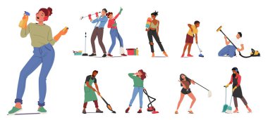 Enerjik karakterler boşlukları dolduruyor, ovuyor, havayı dolduruyor. Temizlik ve ritim dansına dönüşürken, tozlanma, paspas atma ve neşeli yenilgiler uyum sağlar. Çizgi film İnsanları Vektör Ayarları