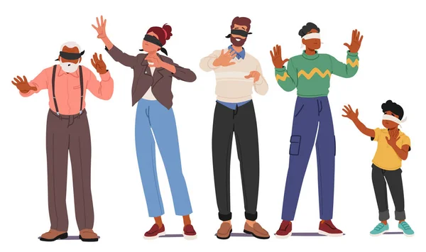 Blindfolded Characters Tentatively Reach Out Guided Touch Alone Fingers Explore — Stock Vector