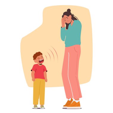 Öfke nöbeti geçiren histerik bir çocuğun delici çığlıklarının ortasında, kederli çocuğunun ağırlığından etkilenmiş, kalbi kırık bir anne karakteri mücadele ediyor. Çizgi film İnsanları Vektör İllüstrasyonu