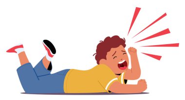 Sıkıntılı çocuk gözyaşı selini serbest bırakır, yere vurur ve kontrolsüz bir şekilde çığlık atar. Çocuk çocuk karakteri histerik bir öfke nöbeti geçirdi. Çizgi film İnsanları Vektör İllüstrasyonu