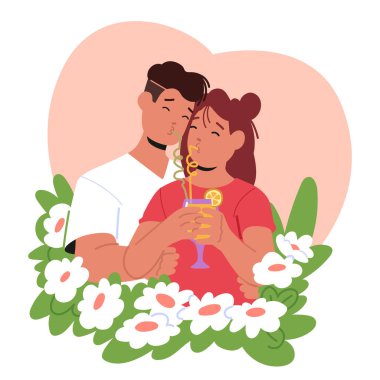 Mutlu Çift Karakterleri Şefkat Anını Paylaşır, Birbirine dolanmış kamışlarla kokteyllerini yudumlar, Birlikteliğin Tatlılığının tadını çıkarırlarken gözleri birbirine kenetlenir. Çizgi film İnsanları Vektör İllüstrasyonu