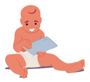 Meraklı Bebek Karakteri Bir Tablet Pc ile Büyülendi, Dokunmatik Ekranı Geniş Gözle Keşfeden Küçük Parmaklar, Modern Dijital Günlere Giriş. Çizgi film İnsanları Vektör İllüstrasyonu