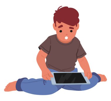 Tablet Bilgisayarlı Küçük Çocuk Karakteri. Çocuk Kullanımı, Çocuk Uzaktan Eğitimi, Akıllı Teknoloji Bağımlılığı. Erken Gelişim, İnternette Çalışma. Çizgi film İnsanları Vektör İllüstrasyonu