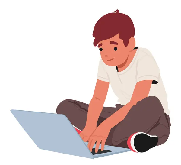 Schoolboy Character Ingrossed Laptop Fingers Tapping Eyes Focused Screen Modern — Stock vektor