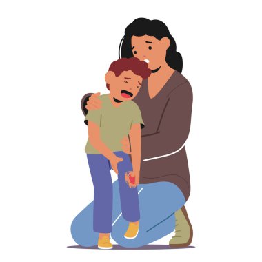 Şefkatli gözlerle anne karakteri, ağlayan yaralı oğlunu sıcacık kucaklıyor, nazikçe fısıldıyor, ve zavallı bebeğini sakinleştiriyor. Çizgi film İnsanları Vektör İllüstrasyonu