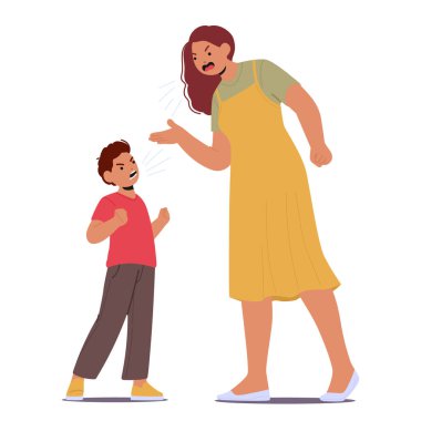 Öfkeli anne ve oğul kavgası, duyguların fırtınasında çıkan sesler, karakter ilişkilerinde çalkantılı bir öfke ve hayal kırıklığı göstergesi. Çizgi film İnsanları Vektör İllüstrasyonu