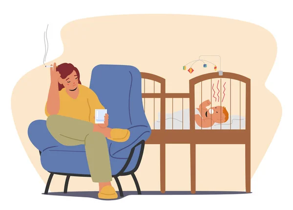Mãe Inebriada Fica Chorando Lado Bebê Com Vidro Cigarro Nas — Vetor de Stock