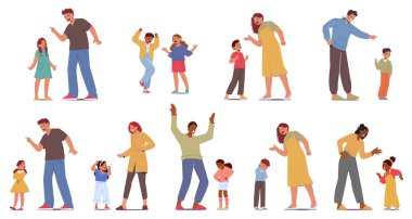 Öfkeli ebeveynler ve çocuklar birbirlerine bağırıyorlar. Aile karakterleri hararetli ve gürültülü bir tartışmayla karşı karşıya. Sesler kızışıyor, yüzler kızarıyor, parmaklar işaret ediyor, gözyaşları dökülüyor. Çizgi film İnsanları Vektör İllüstrasyonu