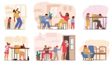 Sarhoş ebeveynler ve mutsuz çocuklarla aile sahnelerinde alkolizm. Sarhoş anne ya da baba karakterler şarap içerken mutsuz çocuklarını görmezden geliyorlar. Çizgi film İnsanları Vektör İllüstrasyonu