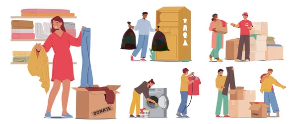 Conjunto Personagens Prepare Trazer Roupas Para Reciclagem Doação Voluntários Compassivos — Vetor de Stock