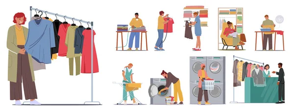 Set Characters Care Clothes Men Women Washing Ironing Sewing Visiting — Stock Vector