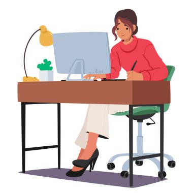 Tasarımcı Illustrator Kadın Karakteri Sanat ve Teknolojiyi Harmanlıyor, Bilgisayarda Görsel Kavramları Elle veya Yazılımla Geliştirmek, Fikirleri, Reklamcılığı veya Ürün Tasarımı. Çizgi film İnsanları Vektör İllüstrasyonu