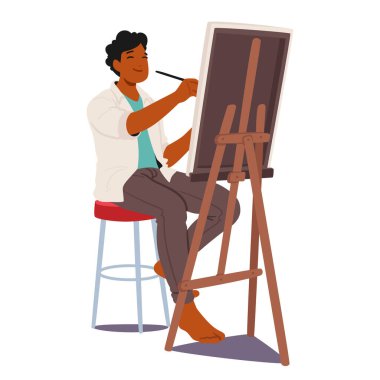 Sanatçı erkek karakter, yaratıcılığa dalmış, Easel 'deki bir tuvale canlı dokunuşlar uyguluyor, ilham dolu bir stüdyoda bir başyapıt yaratıyor. Çizgi film İnsanları Vektör İllüstrasyonu