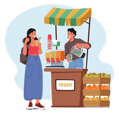 Canlı bir tezgahta gülümseyen satıcı ustalıkla taze meyve suyunu bardağa doldurur ve sıcak güneş ışığı altında hevesle bekleyen bir müşteriye verir. Çizgi film İnsanları Vektör İllüstrasyonu