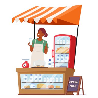 Kadın Çiftçi Karakteri, Taze Süt, Peynir, Tereyağı ve Yoğurt ile Taze Süt Ürünleri, Doğal Ürünler Sözü Veriyor. Çizgi film İnsanları Vektör İllüstrasyonu