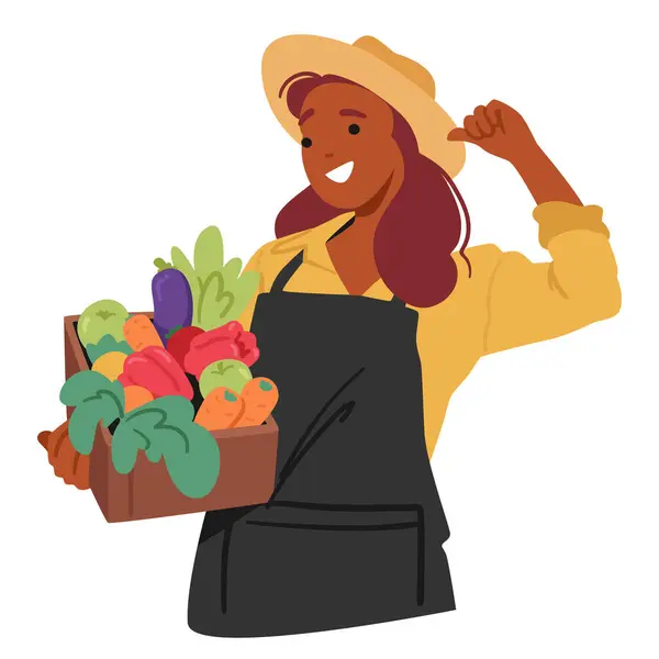 Характер Фермера Гордостью Показывает Ящик Наполненный Свежими Красочными Овощами Каждый — стоковый вектор