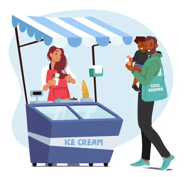 Ice Cream Seller Female Character Colorful Cart Offers Variety Frozen — Stock Vector