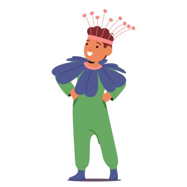 Küçük, büyüleyici erkek karakter, canlı çiçek kostümü ile süslenmiş, etrafına özenle sarılmış taç yaprakları, doğanın hayata getirilmiş tuhaf bir güzelliği yaratıyor. Çizgi film İnsanları Vektör İllüstrasyonu