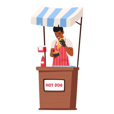 Neşeli satıcı karakter, cömert bir hardal fışkırtan sosisli sandviçi pazarında sıcak ve zevkli müşterilere sunar. Çizgi film İnsanları Vektör İllüstrasyonu
