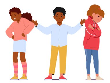 Çocuk arabulucu arkadaşlığın hileli sularında yol alır. Siyahi Çocuk Anlamak ve Çatışan Dostlar arasındaki anlaşmazlığı gidermek için empati kurmak. Çizgi film İnsanları Vektör İllüstrasyonu