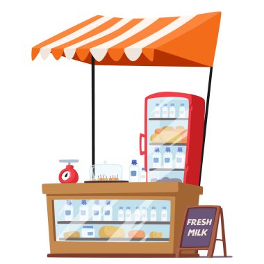 Kubbeli bir mandıra büfesi. İzole edilmiş kompakt, açık hava perakende kabini, bir üst kapakla gölgelenmiş süt, peynir ve yoğurt gibi taze süt ürünleri sunuyor. Çizgi film Vektör İllüstrasyonu