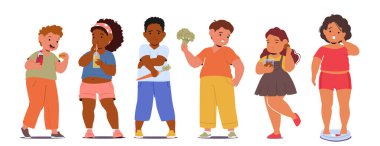 Sağlıksız yeme alışkanlıkları ve fiziksel aktivite eksikliğinden dolayı aşırı kilolu çocuk karakterleri. Şişman çocukların dengeli bir diyete ve düzenli egzersize ihtiyacı var. Çizgi film İnsanları Vektör İllüstrasyonu